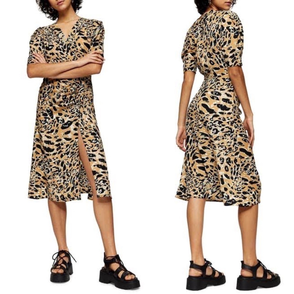 Topshop Leopard Animal Print Short Sleeve Dress With Slit & Pleats US Size 2
